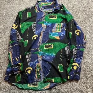 SANTANA Silk Button Down Shirt Men Large Colorful artsy Unique statement club